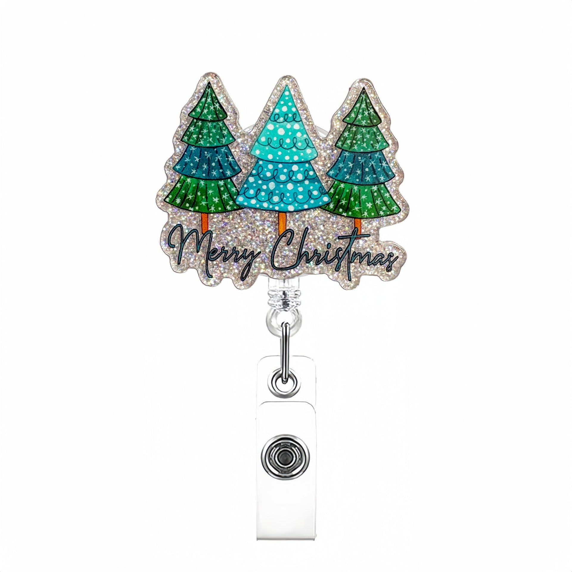 Wholesale Glitter Acrylic Christmas Tree Telescopic Badge Reels Keychain