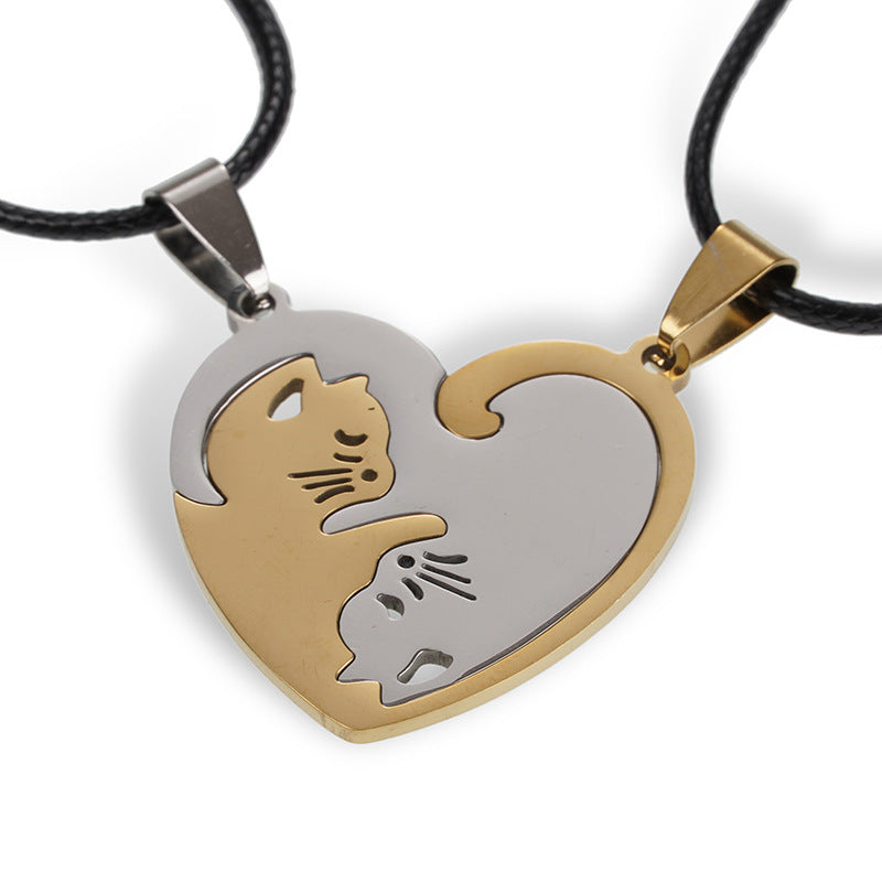 Wholesale A variety of stainless steel black and white cat pendant lovers necklace creative hug shape stitching Valentine's Day