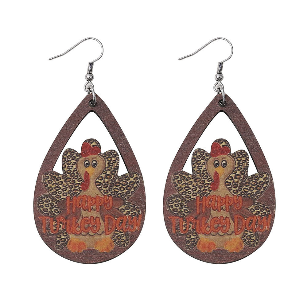Wholesale Thanksgiving Leopard Print Turkey Teardrop Hollow Pendant Earrings Wooden Earrings