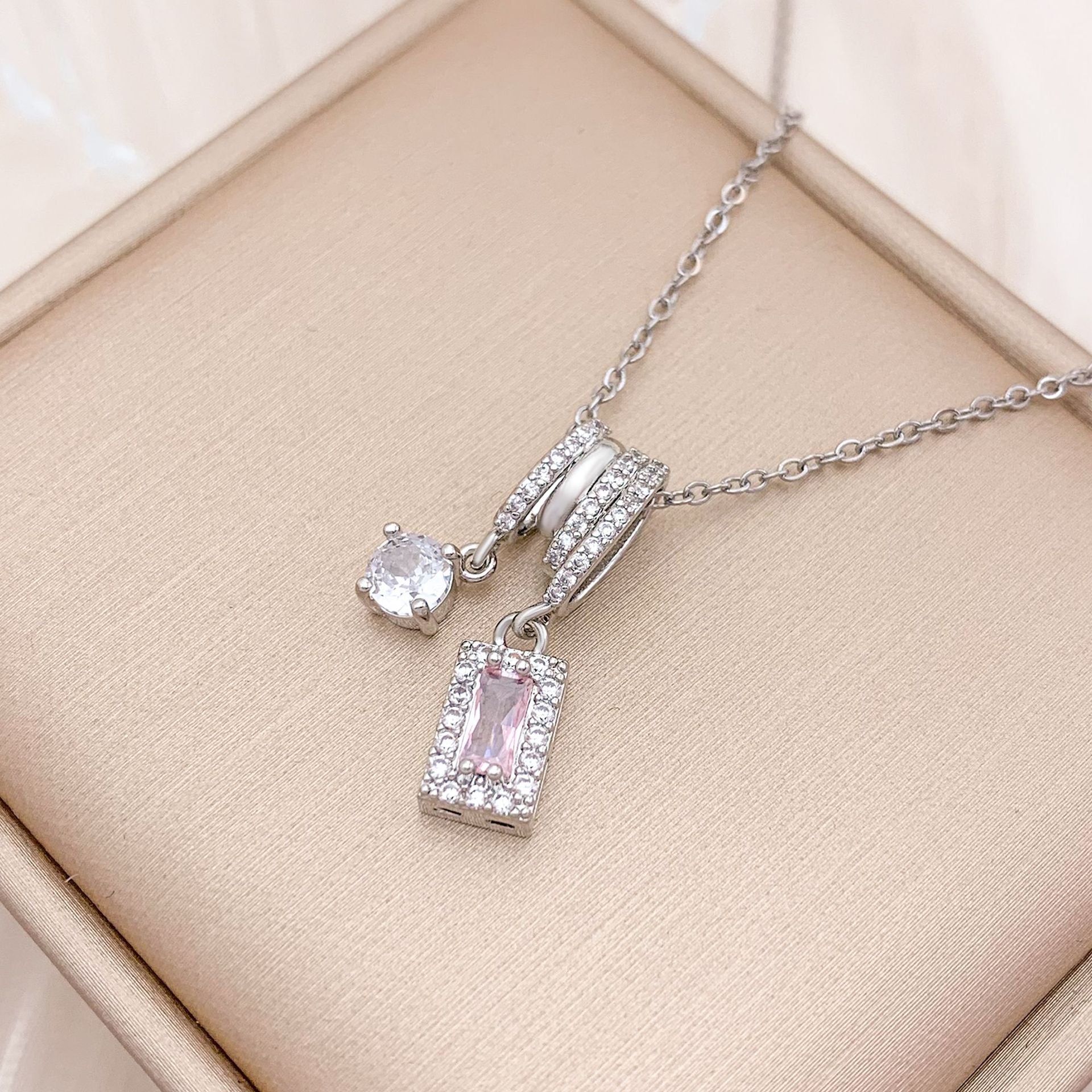Wholesale Square Ice Cream Color Titanium Steel Necklace Luxury Micro-Paved Zircon Temperament  Accessory