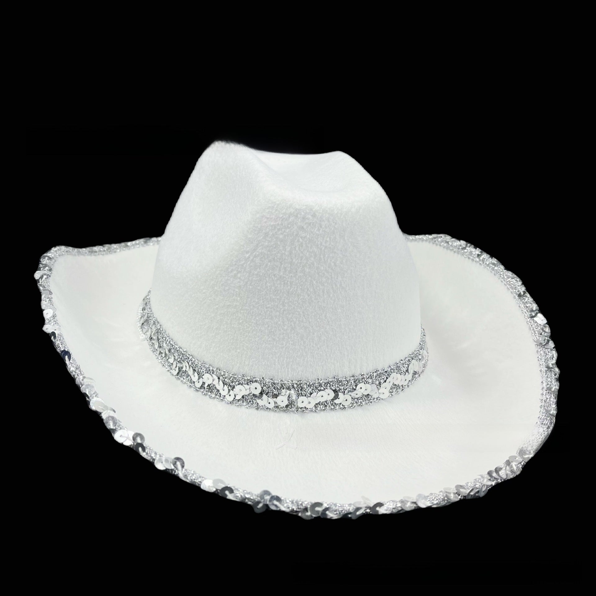 Wholesale Mardi Gras White Silver Trim Sequined Cowboy Hat
