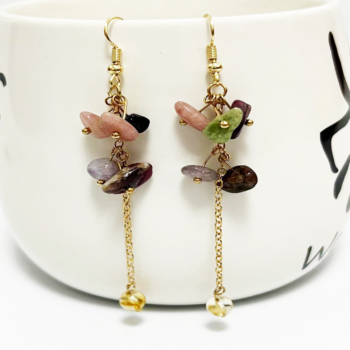 Wholesale Crystal Colorful Sweet Natural Crushed Stone Tassel Earrings