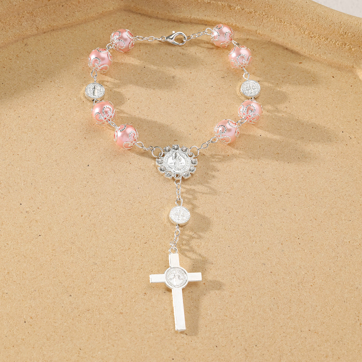 Wholesale 10mm glass pearl cross blessing beaded bracelet