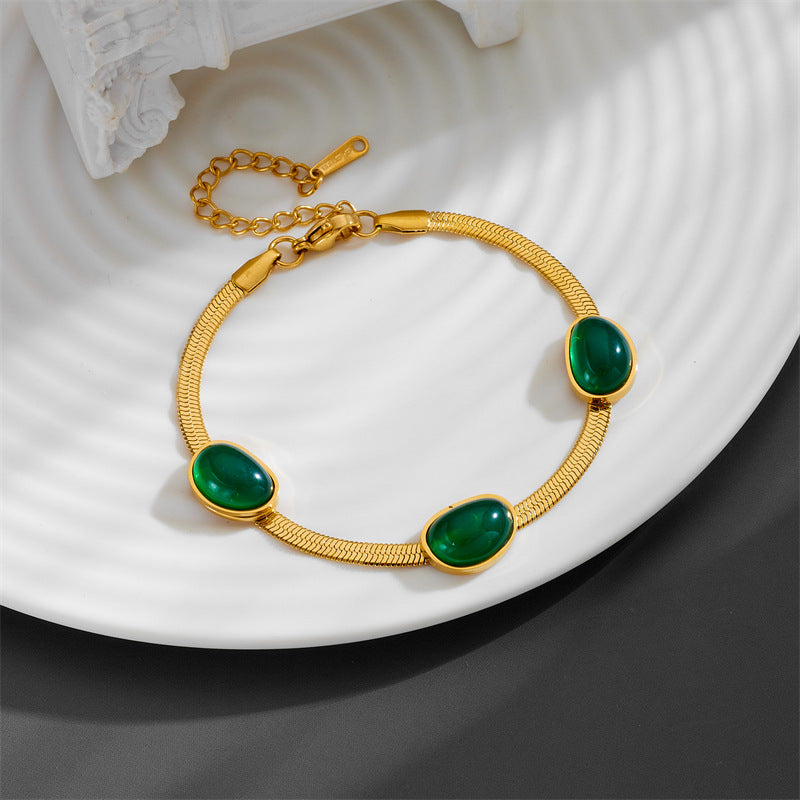 Wholesale Titanium Steel Vintage Emerald Flat Snake Chain Necklace