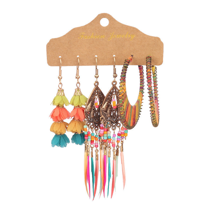 Wholesale Vintage Distressed Geometric Tassel Flower Earrings Set