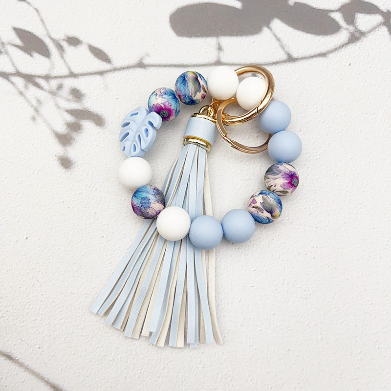Wholesale leaf silicone printing silicone beaded tassel Wrist keychain