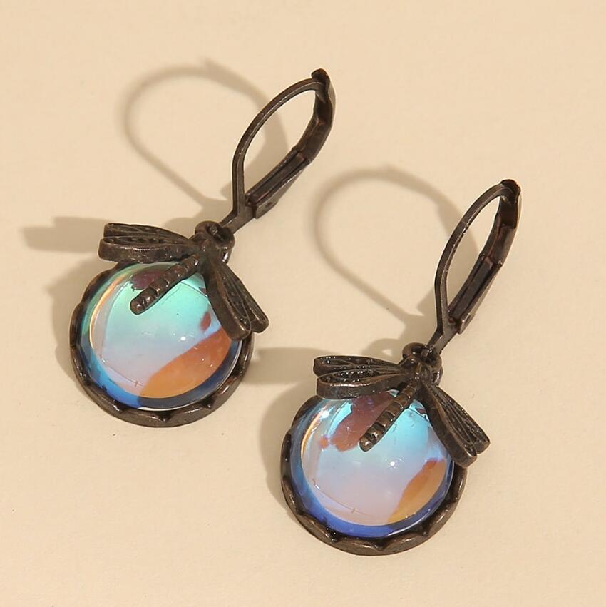 Wholesale Vintage Small Dragonfly Pattern Alloy Moonstone Earrings