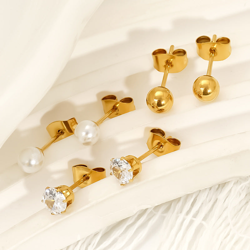 Wholesale Titanium Steel Zircon Pearl Steel Bead Earrings Niche Versatile Light Luxury Earrings