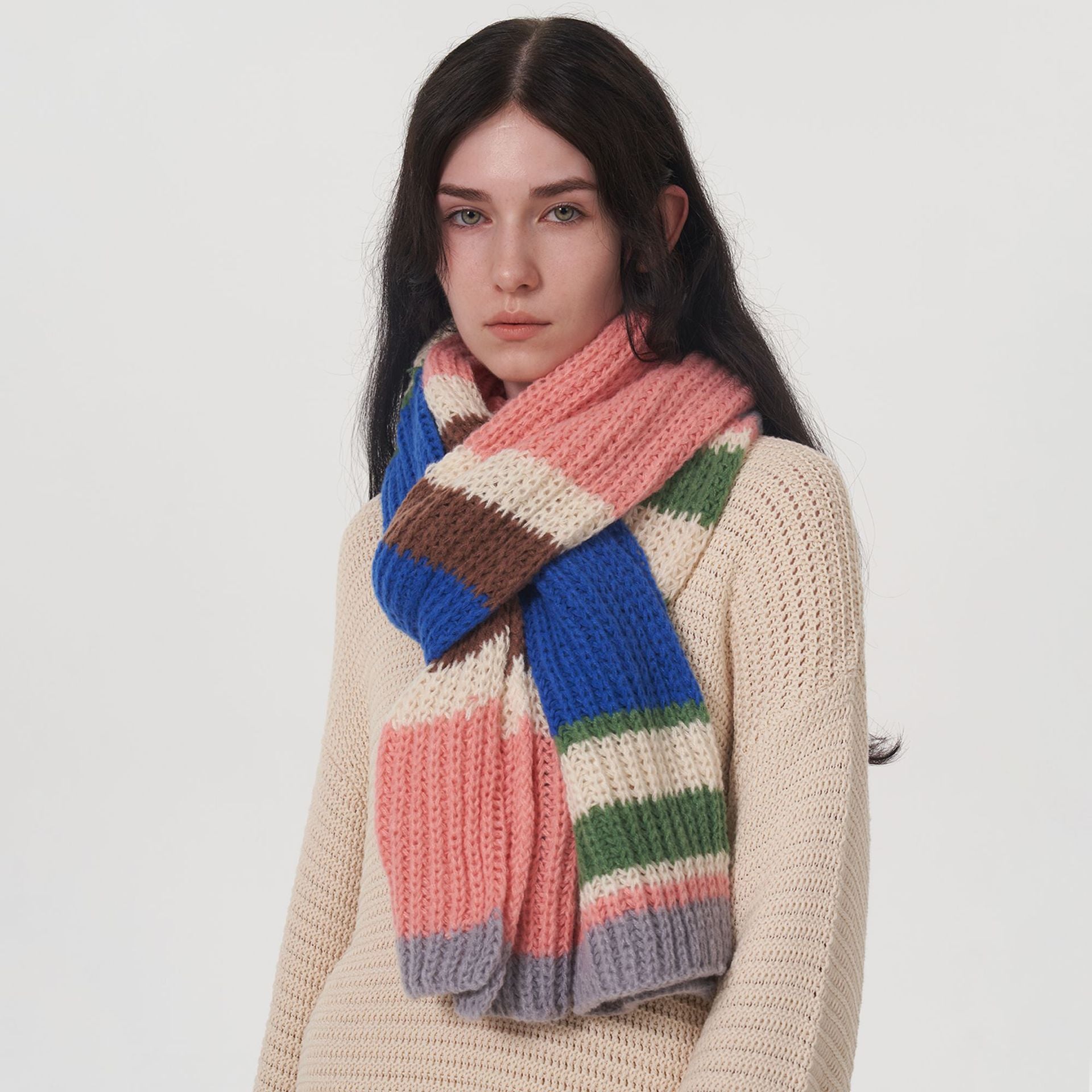 Wholesale Retro Multi-color Contrast Striped Wool Knitted Scarf