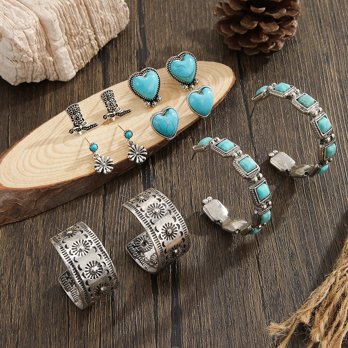 Wholesale Bohemian Turquoise Heart Earrings Set With Arrow Flower Motifs Fashion Accessory For Everyday Wear Or Boutique Resale