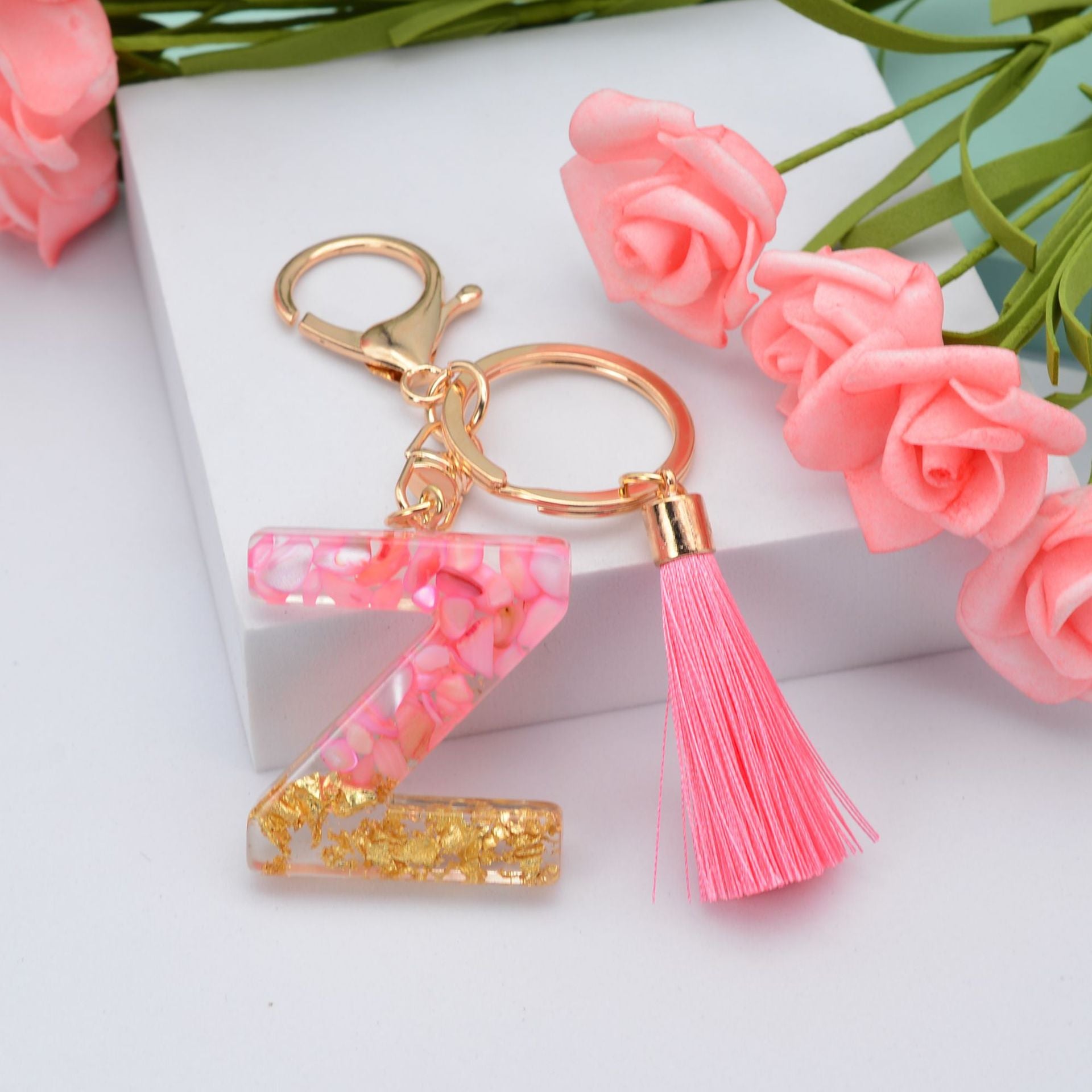 Wholesale Pink Tassel 26 Letter Crystal Resin Keychain
