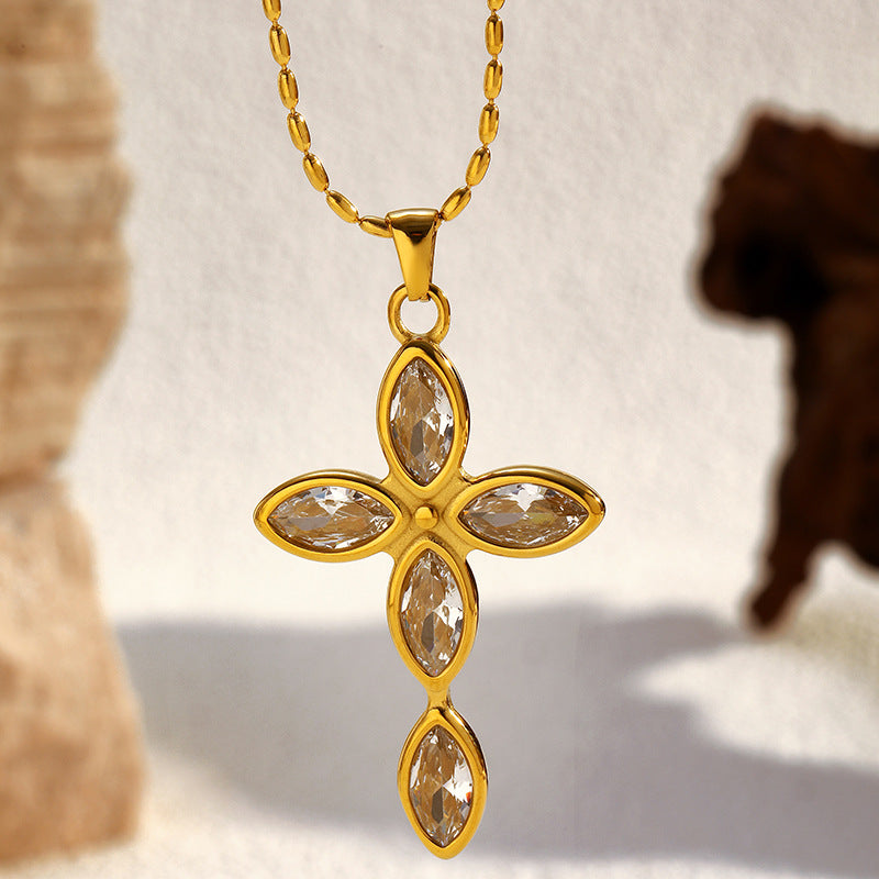 Wholesale vintage titanium steel electroplated 18K gold stainless steel cross necklace