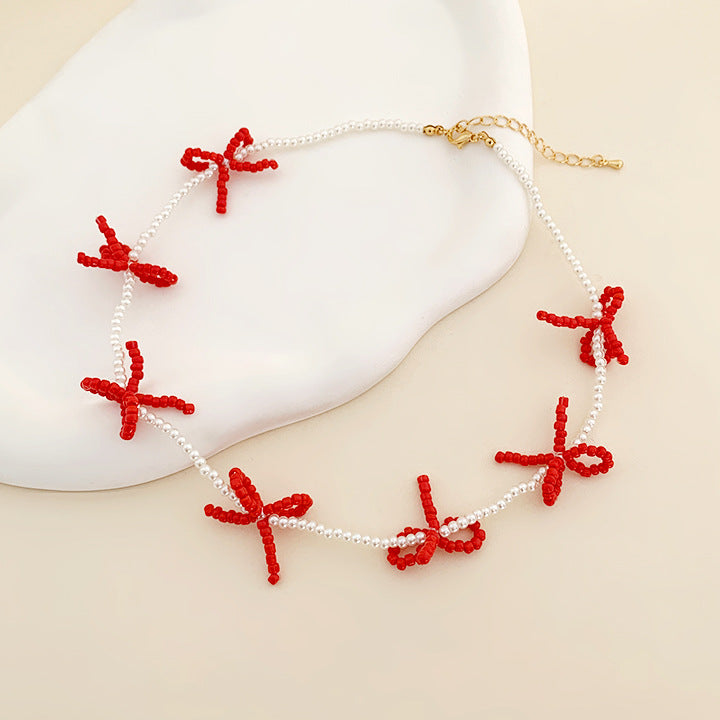 Wholesale Black and White Pearl Crystal Bow Braided Cute Princess Necklace