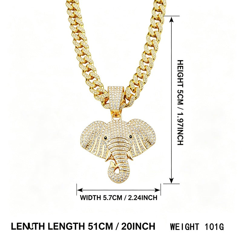 Wholesale Full Diamond Elephant Cuban Chain Necklace Zinc Alloy Handmade Jewelry Trendy Fashion Accessory For Gift Boutique Resale