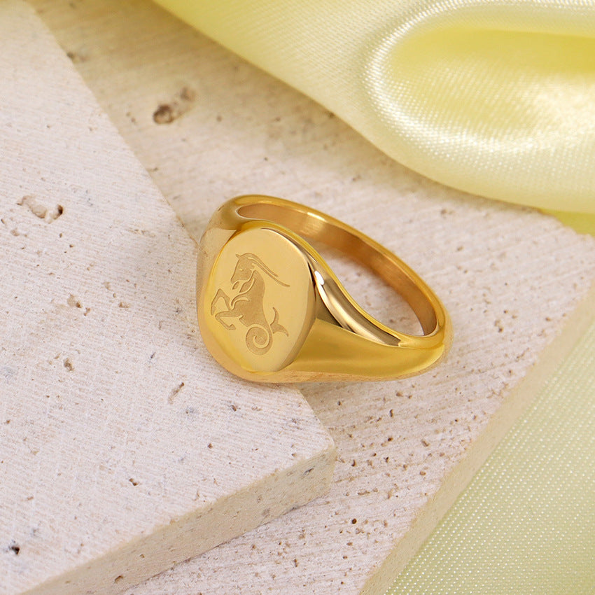 Wholesale Engraved Pattern Stainless Steel Electroplated 18K Gold Engraved Constellation Pattern Ring