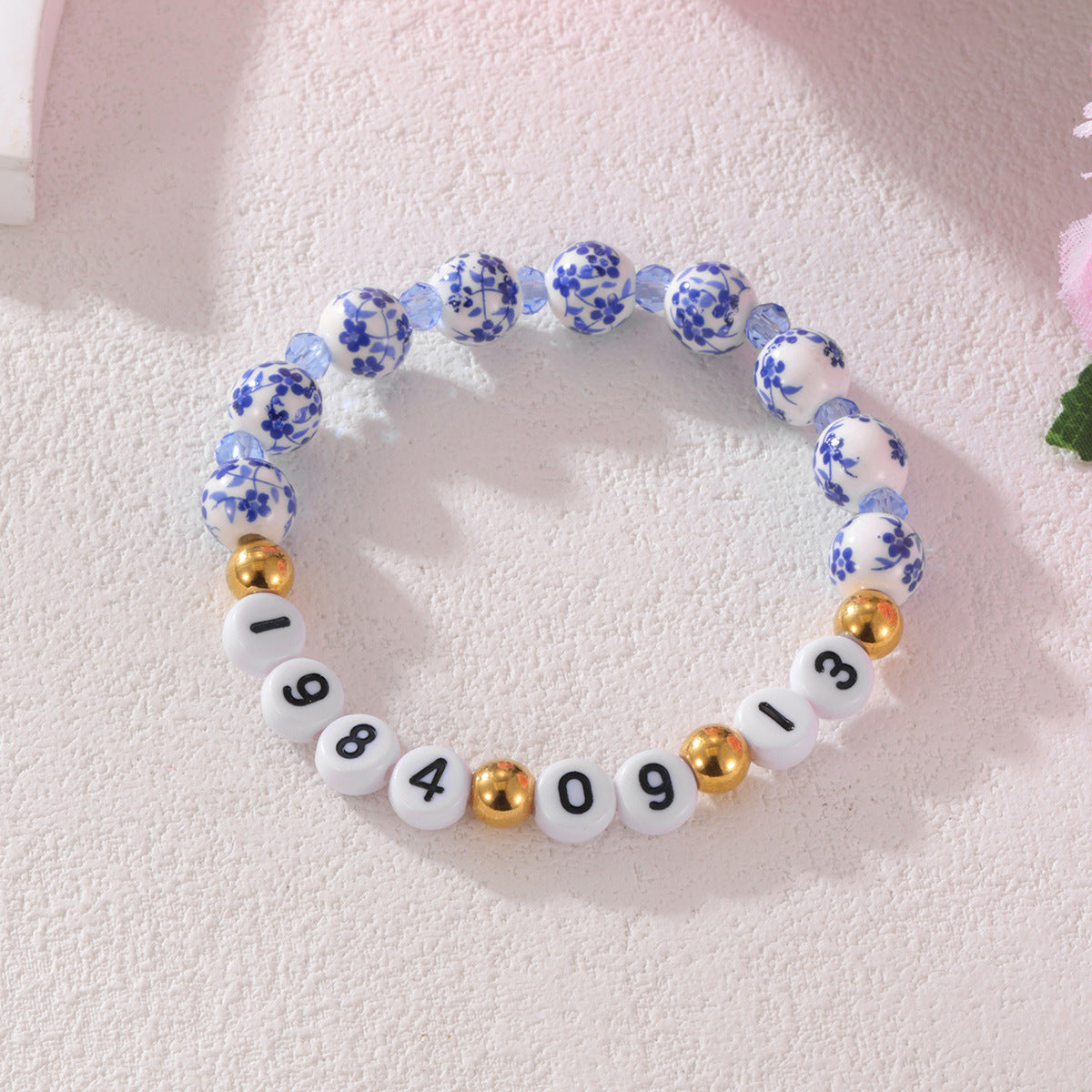 Wholesale Stainless Steel Love Acrylic Alphanumeric Small Gold Beads Blue and White Porcelain Beaded Valentine's Day Bracelet