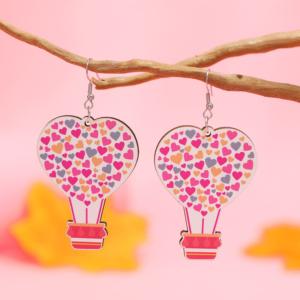 Wholesale Valentine's Day Pink Printed Love Heart-shaped Wooden Earrings