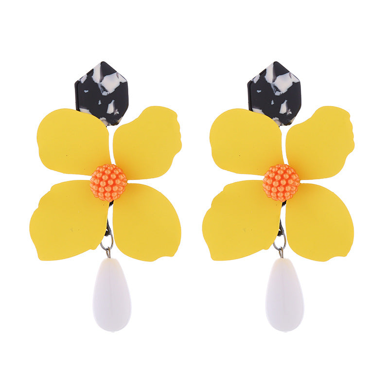 Wholesale Exaggerated Long Multi-layered Flower Alloy Painted Drop-shaped Pearl Earrings