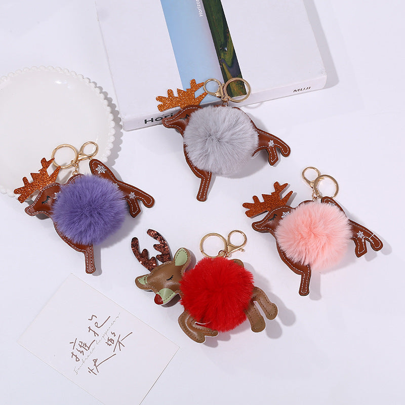 Wholesale Christmas Leather Elk Santa Claus Fur Ball Keychain