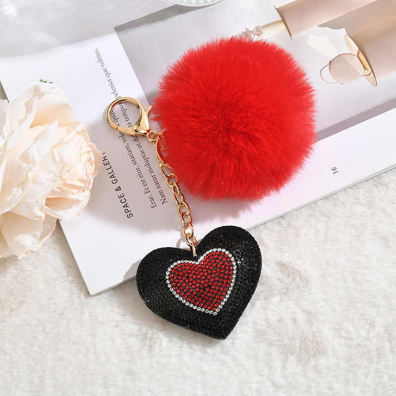 Wholesale Diamond-encrusted Heart-shaped Tassel Pom Pom
 Keychain