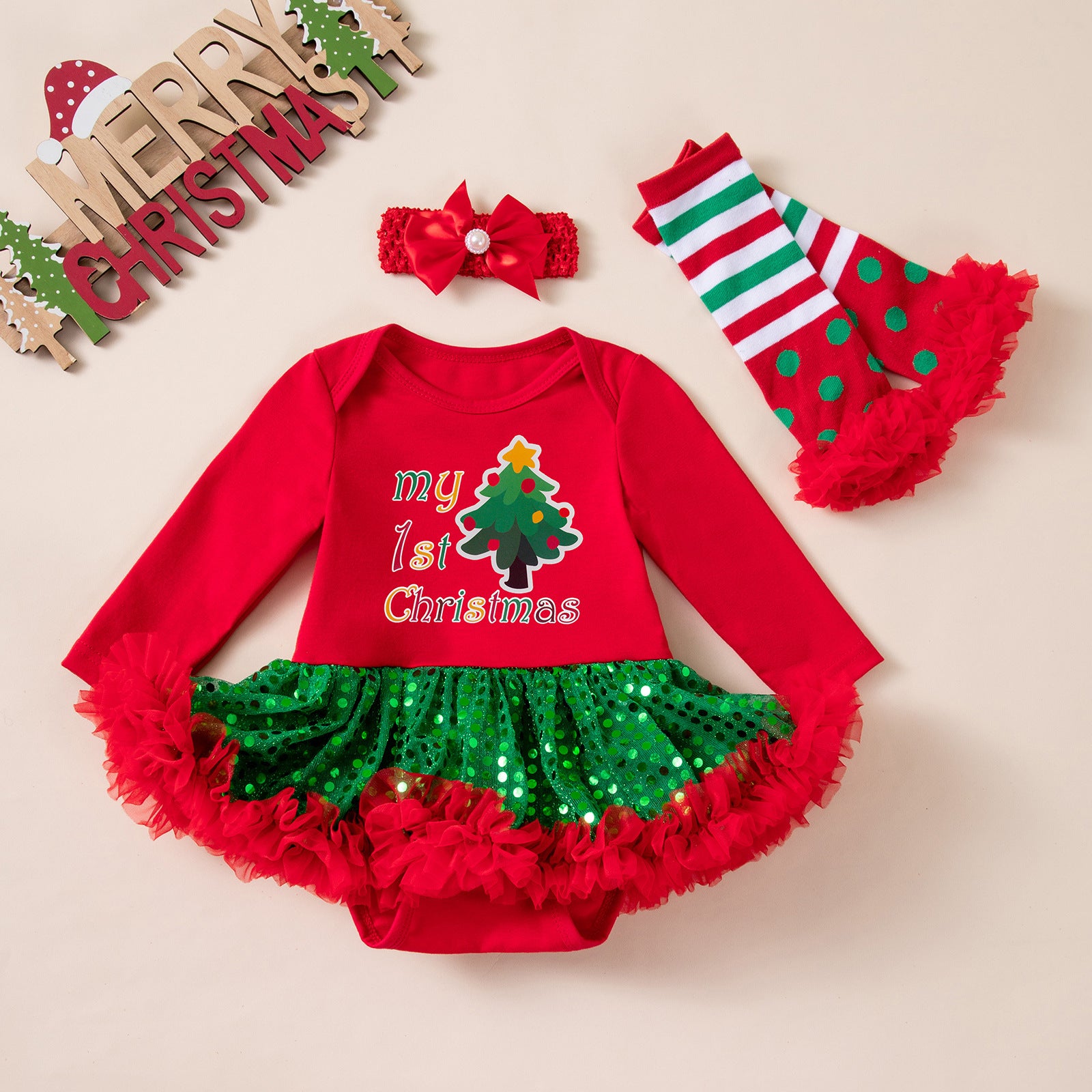 Wholesale Red Long Sleeve Sequin Tulle Baby Girl Christmas Dress Set With Hairband Leg Warmers Boutique Holiday Outfit