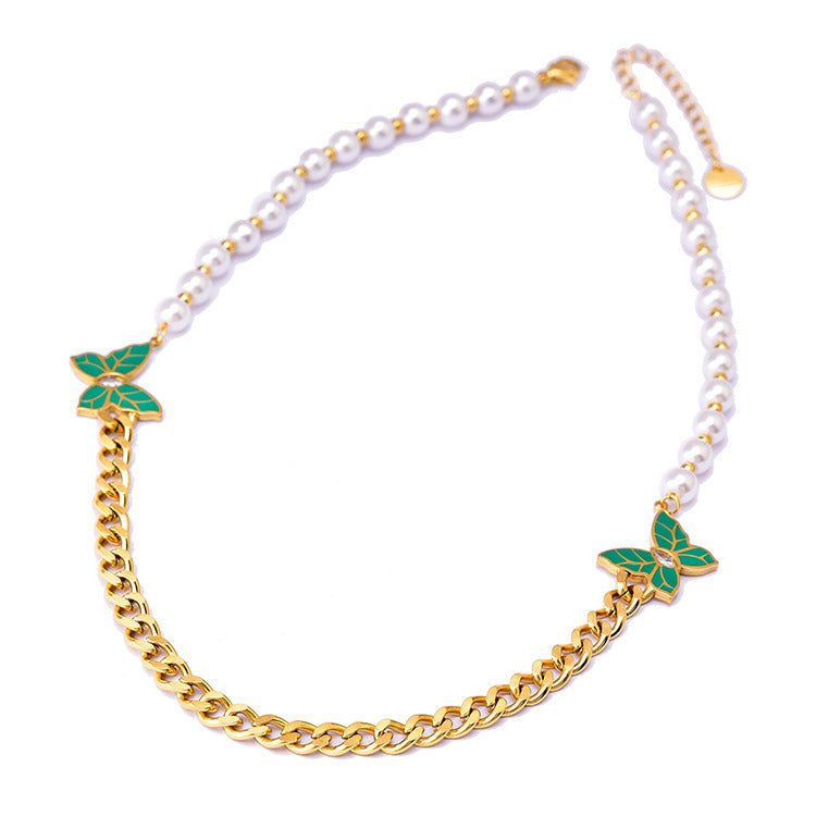 Wholesale Pearl Patterned Titanium Steel Diamond Inlaid Butterfly Necklace Set