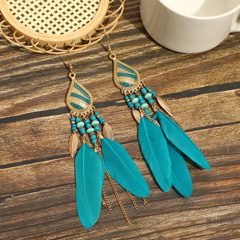 Wholesale Feather Bohemian Long Tassel Earrings
