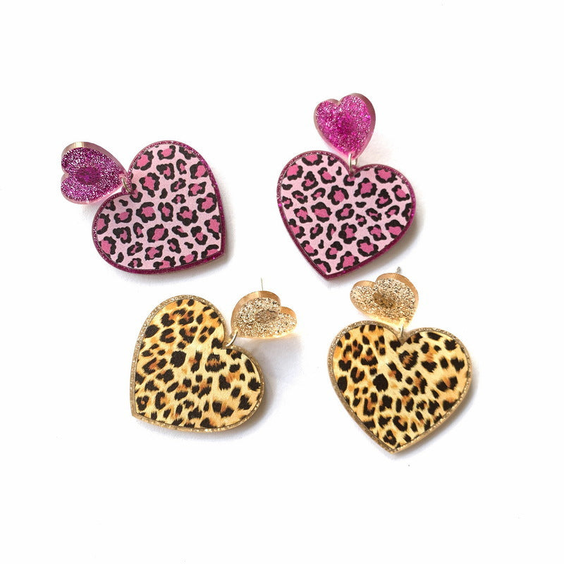 Wholesale Valentine' s Day Pink Leopard Shining Pink Love Boots Rainbow Earrings