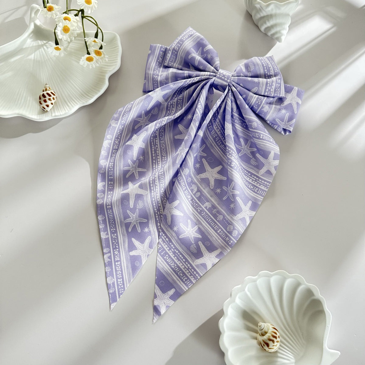 Wholesale Summer beach hair clip with starfish and seashell print  long ribbon bow