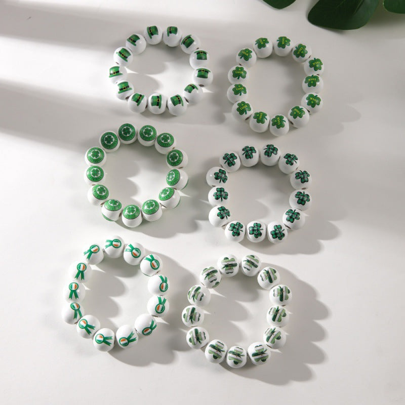 Wholesale St. Patrick's Day Wooden Beads Bracelet on White Background