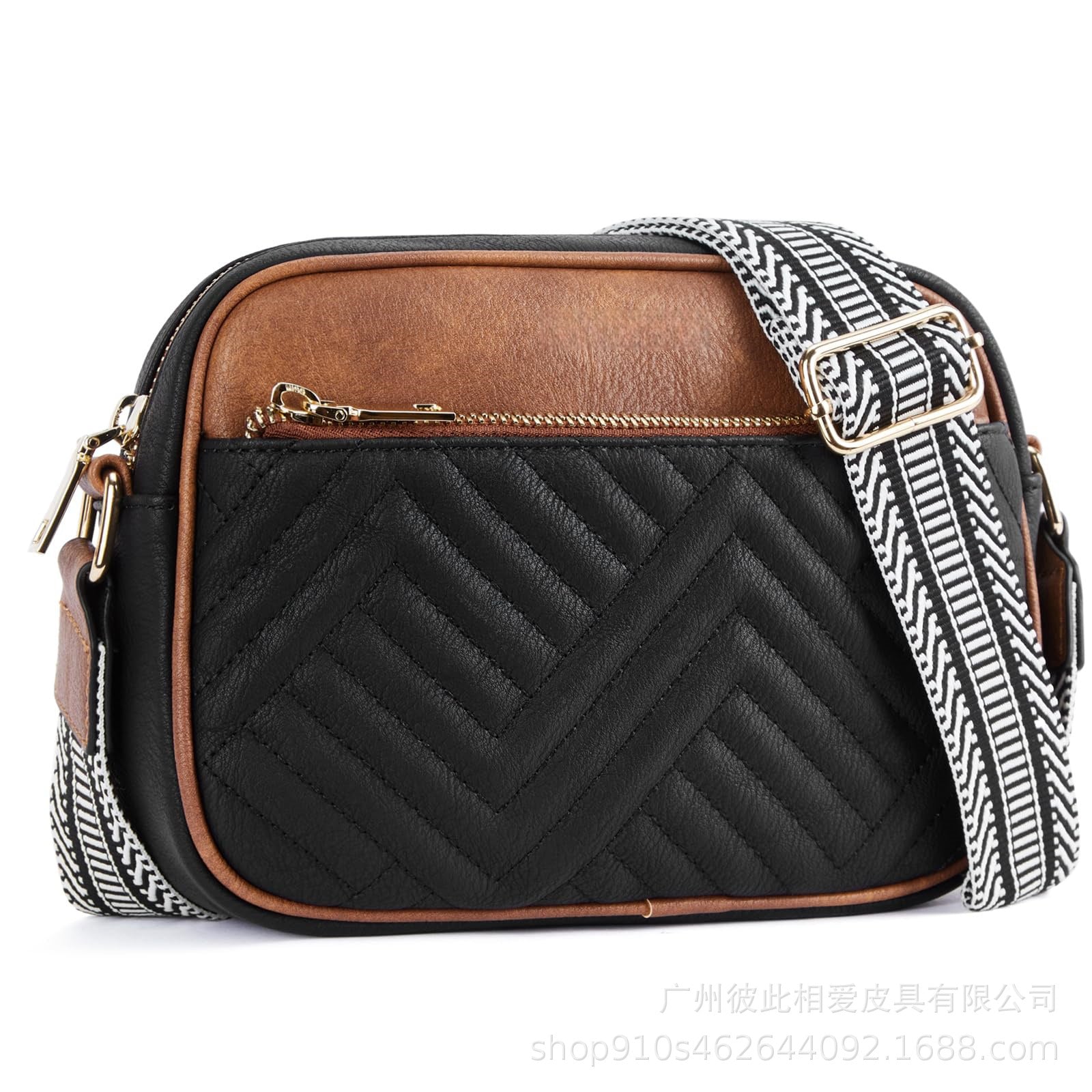 Wholesale Aztec Embroidered Plaid Color Blocking Zipper PU Crossbody Bag