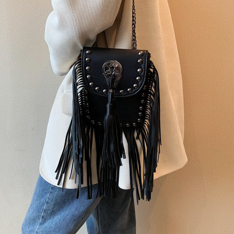 Wholesale PU Ethnic Style Tassel Rivets Small Square Bag