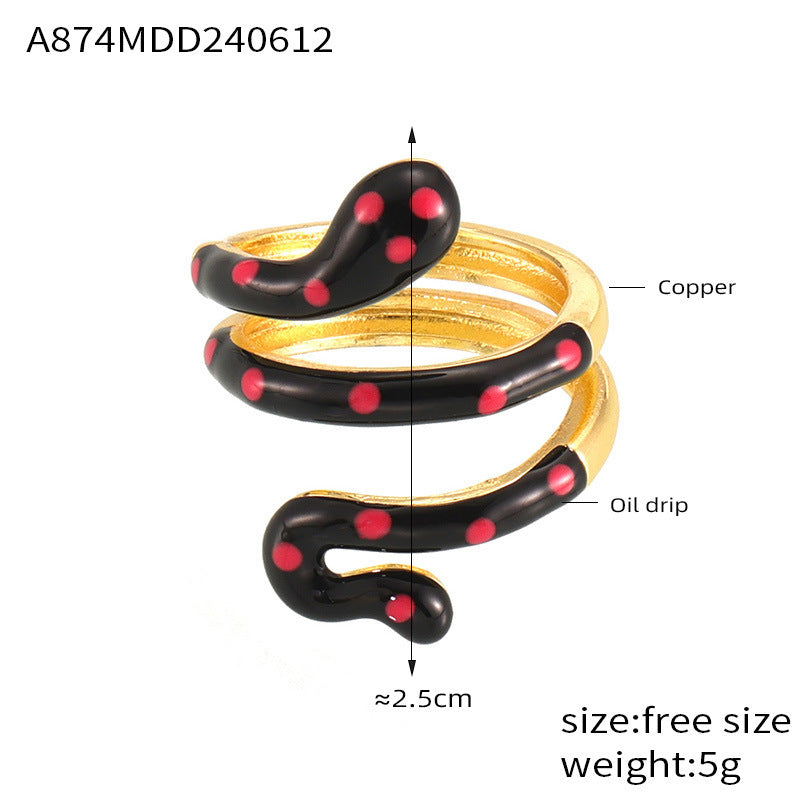 Wholesale Bohemian style color oil drop snake copper ring ins sweet cool hot girl open finger ring color retention in stock supply