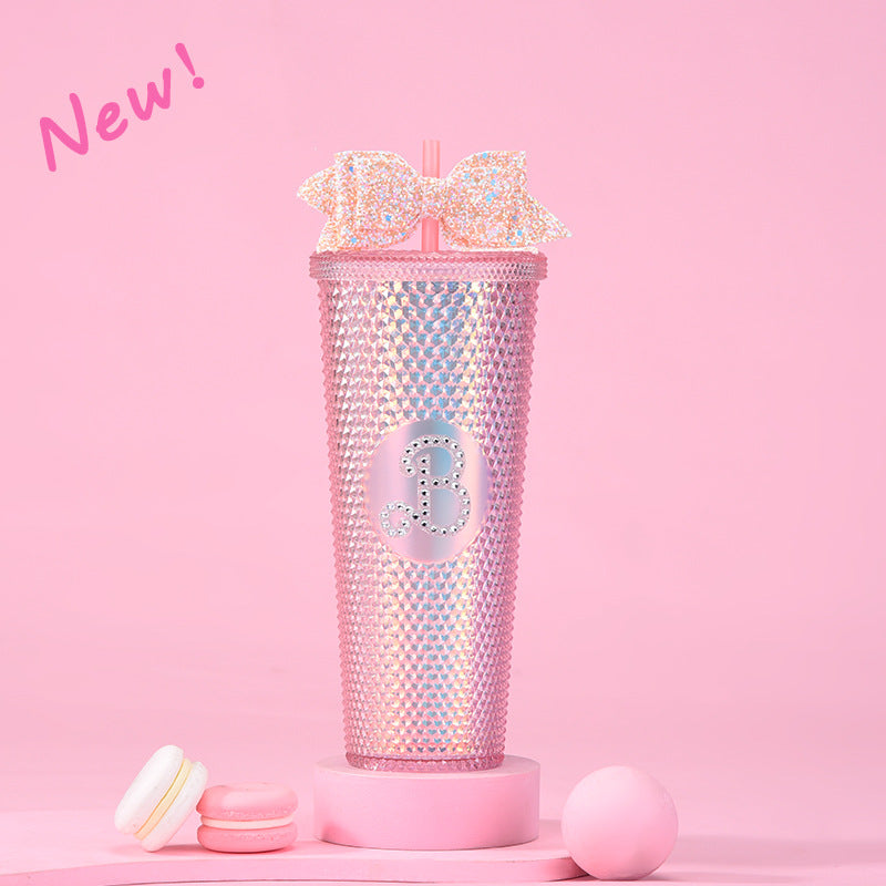 Wholesale Double-layer Plastic 710ml Large Capacity Straw Cup with Glitter Bow Tie Hand Cup Durian Cup