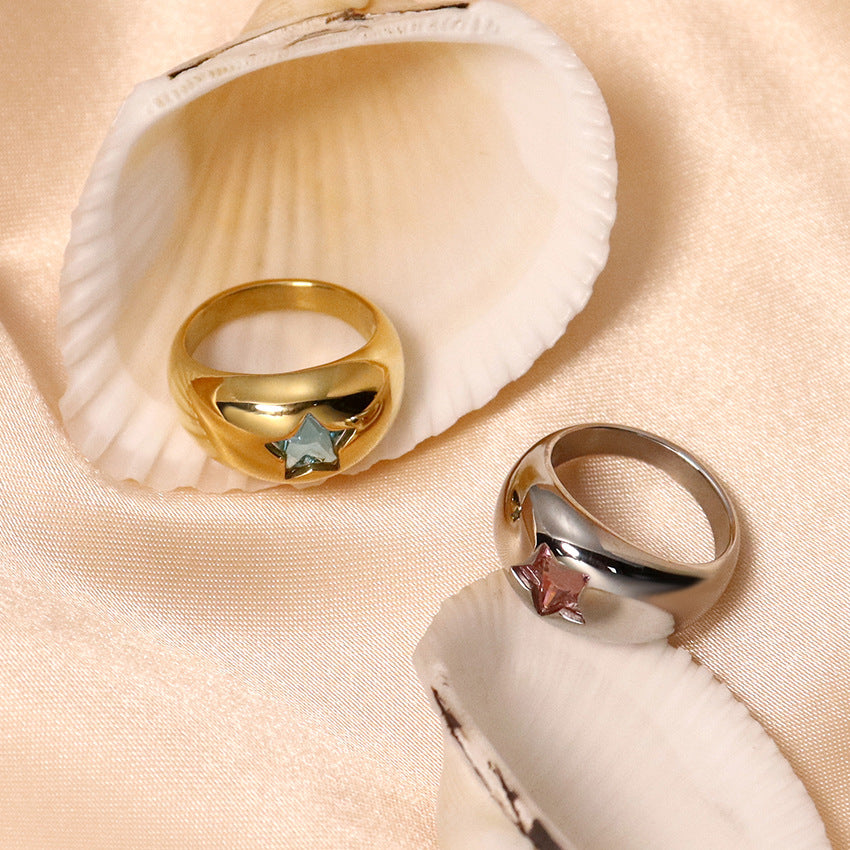 Wholesale Gold Pentagram Zircon Micropaved Stainless Steel Ring