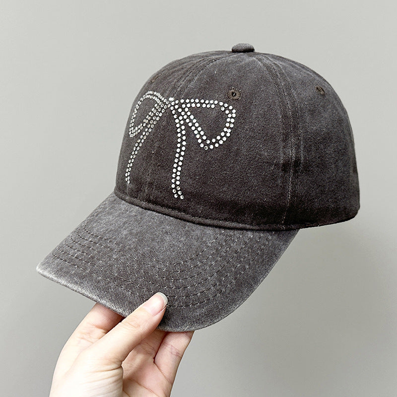 Wholesale Bow Rhinestone Soft Top Distressed Baseball Cap