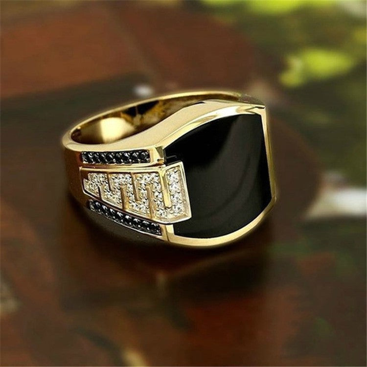 Wholesale Gold Wide Faced Black Diamond Metal Men's Rings