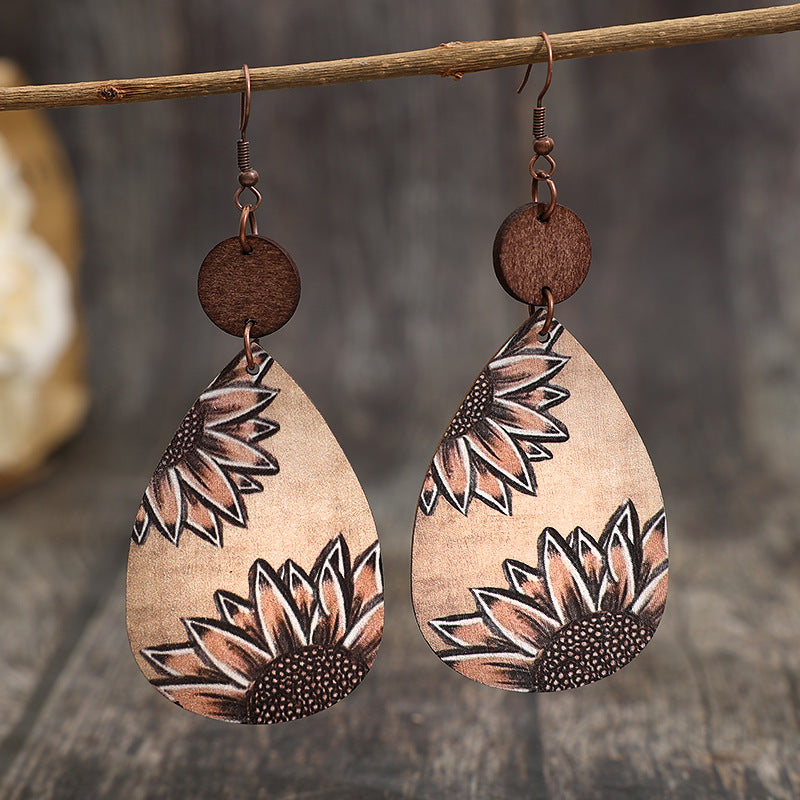 Wholesale Western Style Sunflower Vintage Wood Chip Carved Water Drop Earrings