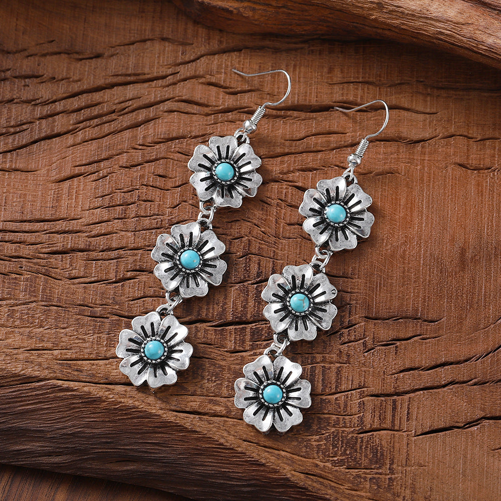 Wholesale Retro Floral Turquoise Bracelet And Earrings Set Zinc Alloy Fashion Jewelry Gift For Party Wear