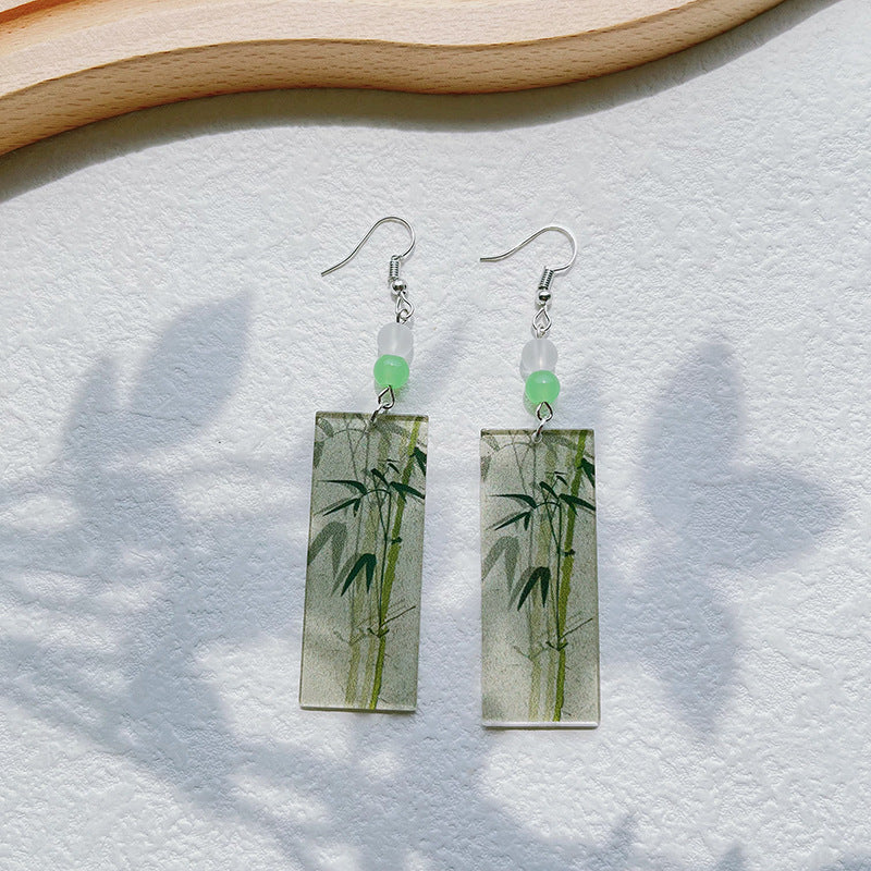 Wholesale Bamboo peony flower relief double-sided printed acrylic earrings