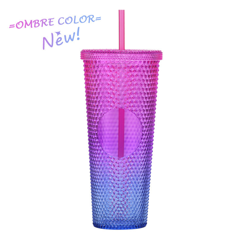 Wholesale Double-layer Plastic 710ml Durian Prick Hand Luminous Color Changing Rainbow Gradient Straw Cup