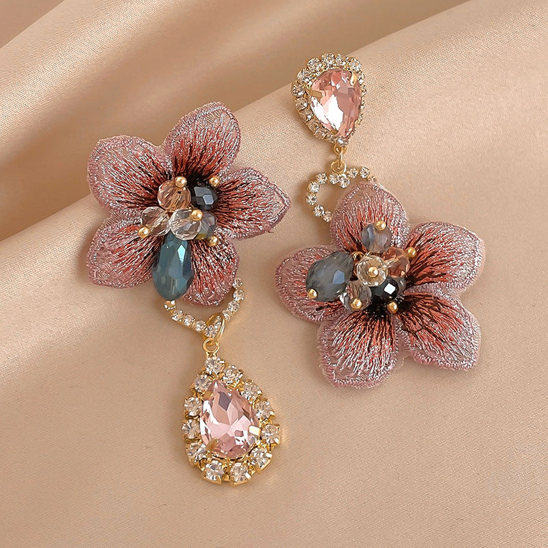 Wholesale 925 silver asymmetrical diamond fabric flower earrings