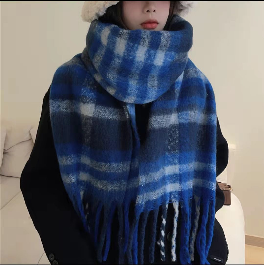 Wholesale rainbow plaid fringed mohair thickened scarf