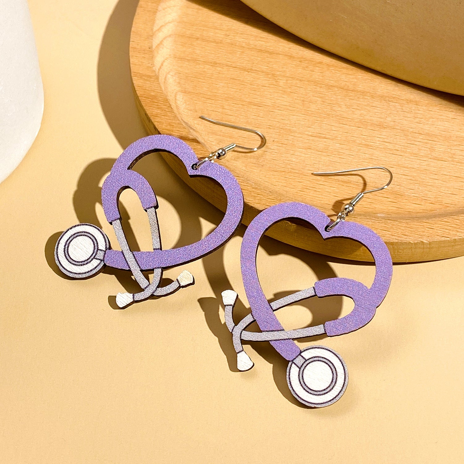 Wholesale Color Stethoscope Shaped Wooden Heart Earrings