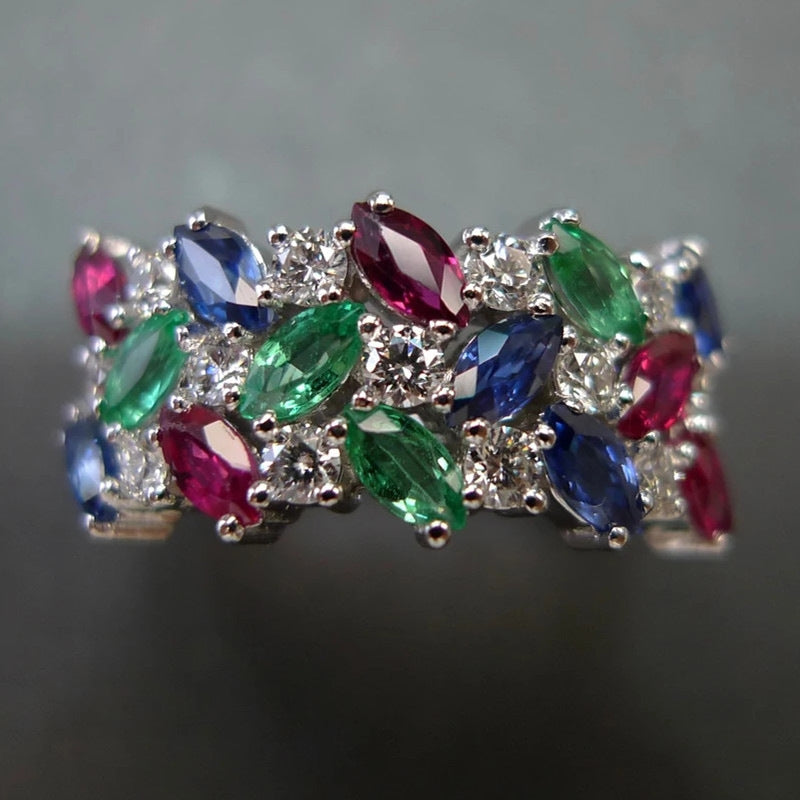 Wholesale Colored Marquise Zircon Three Rows Inlaid Women's Index Finger Ring