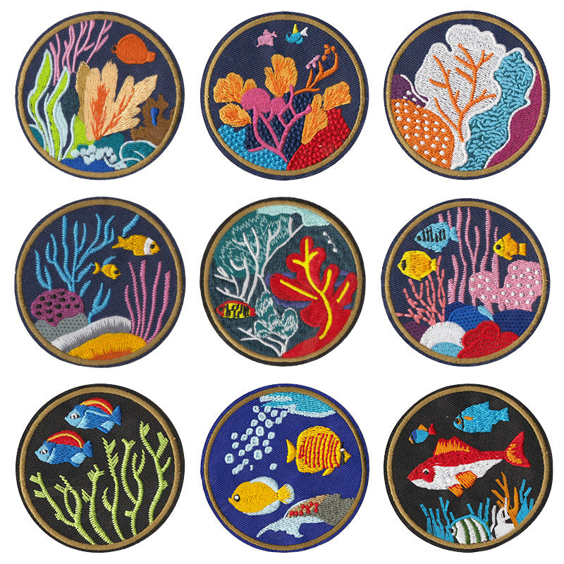 Wholesale Cartoon Seahorse Iron On Patches 9 Piece Embroidered Ocean Life Decorative Applique For Clothing