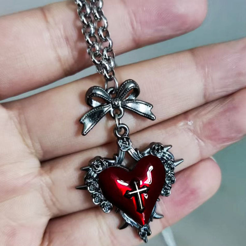 Wholesale Dark Gothic Punk Red and Black Love Bow Cross Necklace