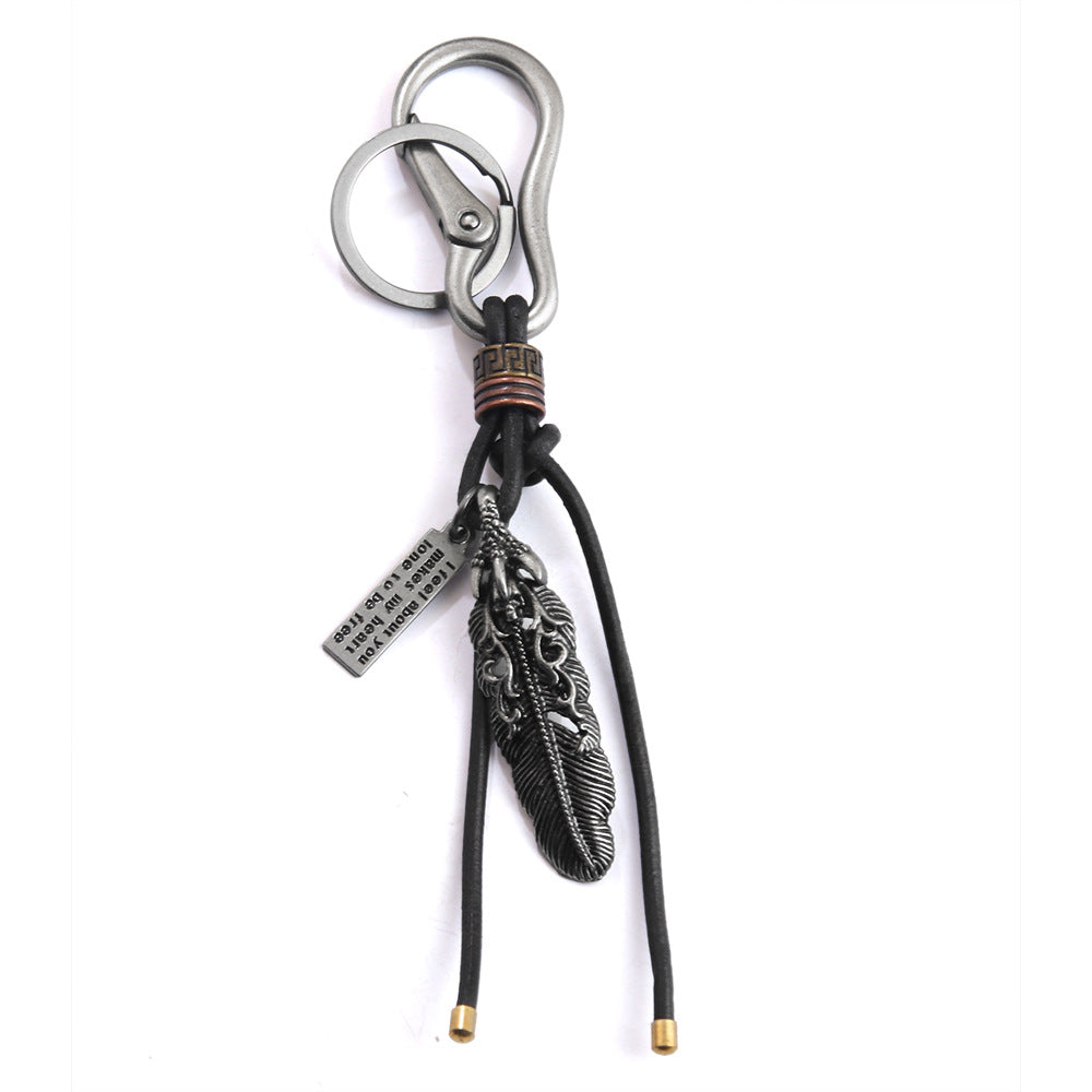 Wholesale retro woven cowhide keychain creative design bronze pendant