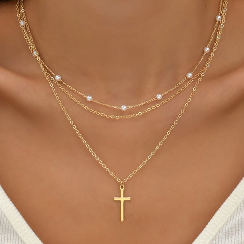 Wholesale Artificial pearl clavicle chain creative cross pendant necklace retro multi-layered necklace