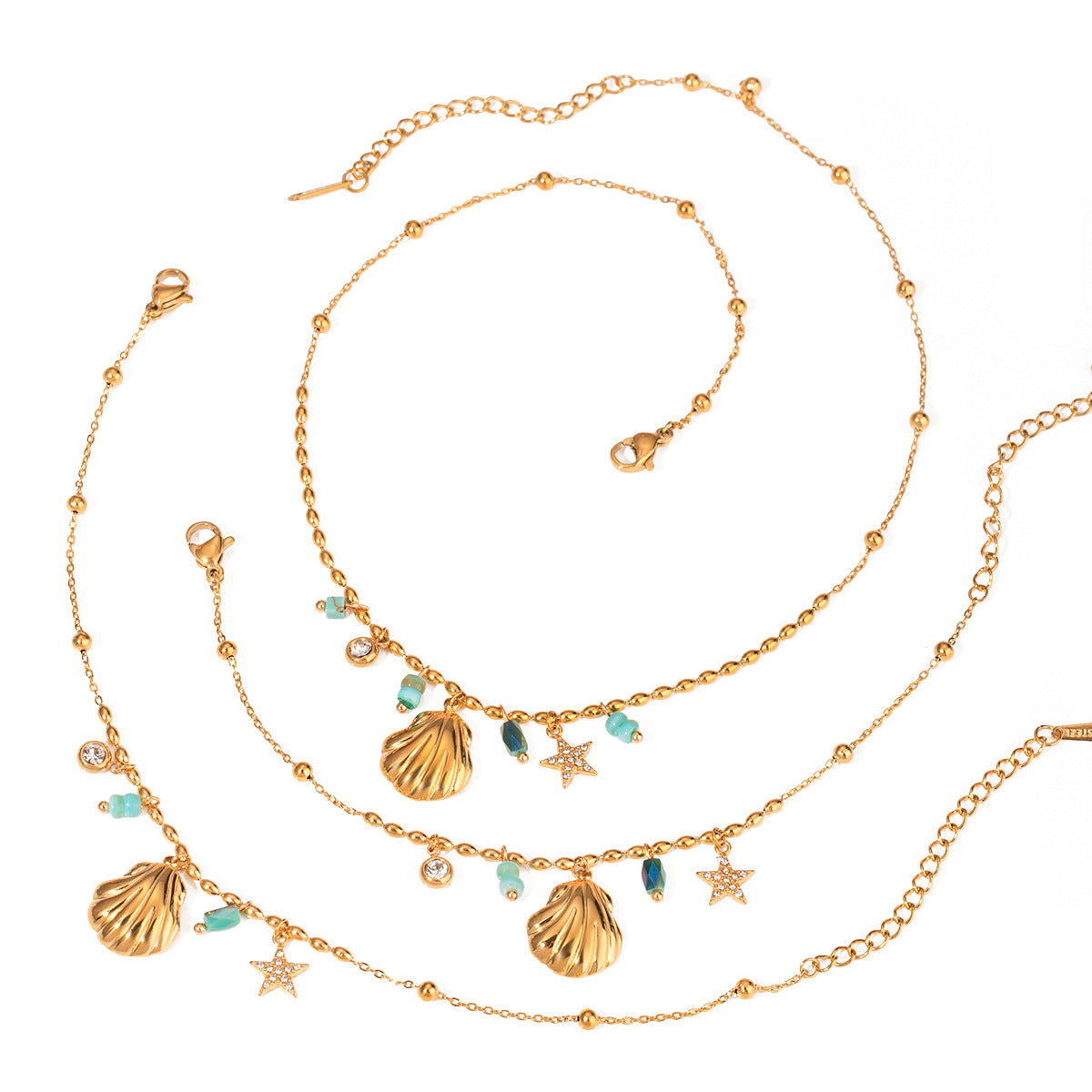 Wholesale Shell Star Inlaid Rhinestone Blue Amazonite 18k Gold Stainless Steel Necklace